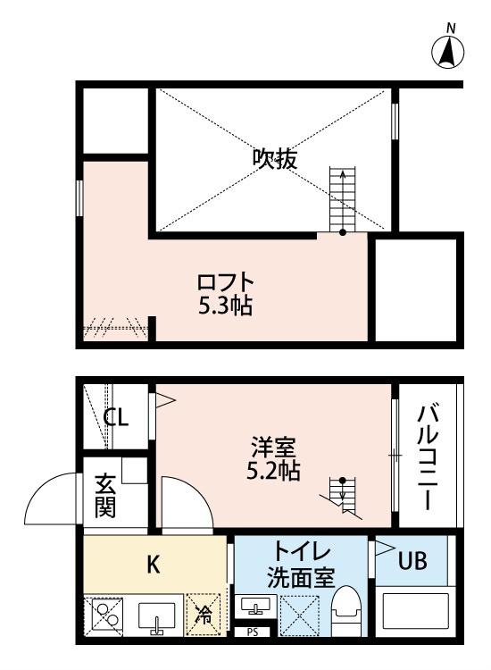 1K+ロフト 洋室5.2帖 ロフト5.3帖 家電ご用意で