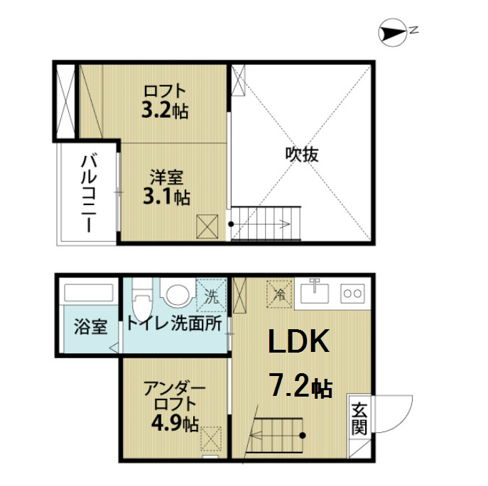 LDK7.2帖 床下ロフト4.9帖 ロフト3.2帖 階段