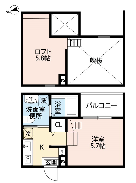 洋室5.7帖 ロフト5.8帖 キッチン2.5帖