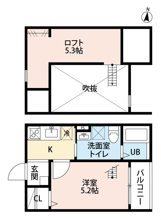 1K+ロフト 洋室5.2帖 ロフト5.3帖 家電ご用意で