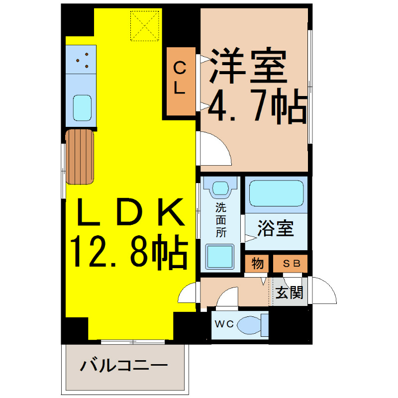 1LDK　LDK12.8帖　洋室4.7帖　家電ご用意できます